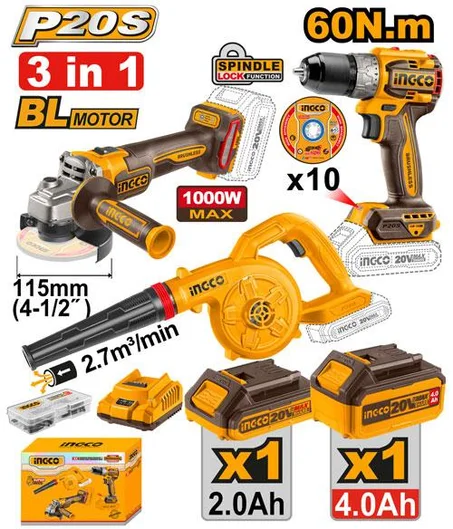 Kit Combo Sans Fil 20V INGCO COSLI241192 | 3 Outils Brushless