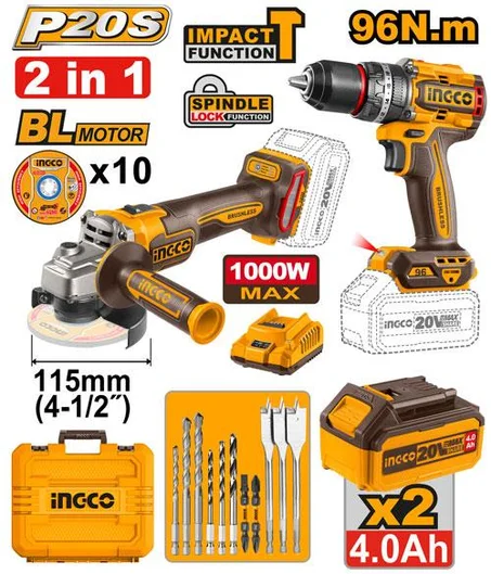Kit Combo Sans Fil 20V INGCO COSLI241298 | Perceuse Brushless + Meuleuse