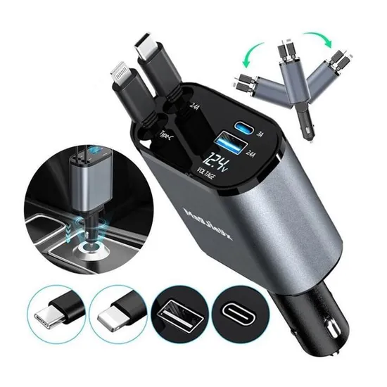 شاحن سيارة قابل للسحب 4 في 1 USB-C (منفذان) بطول 80 سم – شحن سريع PD/QC مع حماية ذكية