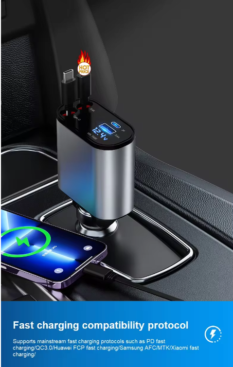 منتجات جديدة لعام 2024 شاحن سريع بمنافذ شحن متعددة 4 في 1 مع كابلات قابلة للسحب وشاحن سيارة للهاتف المحمول