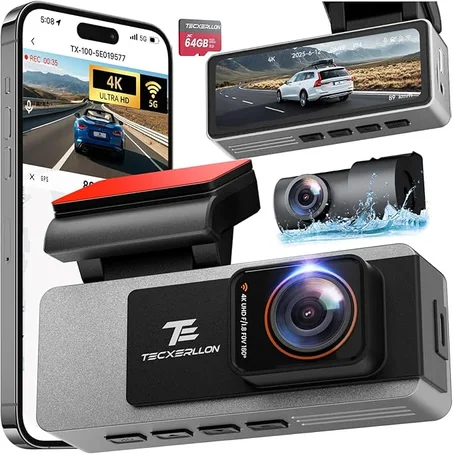 Cámara de tablero frontal y trasera, cámara de tablero dual 4K Full HD con visión nocturna Starlight, GPS integrado y WiFi 5G, tarjeta gratuita de 64 GB incluida, con sensor G, WDR, modo de e