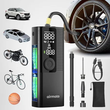 Airmoto Compresor de aire portátil para inflador de neumáticos, bomba de aire para neumáticos de automóvil con manómetro digital, luz LED y función de apagado automático, bomba inalámbrica pa