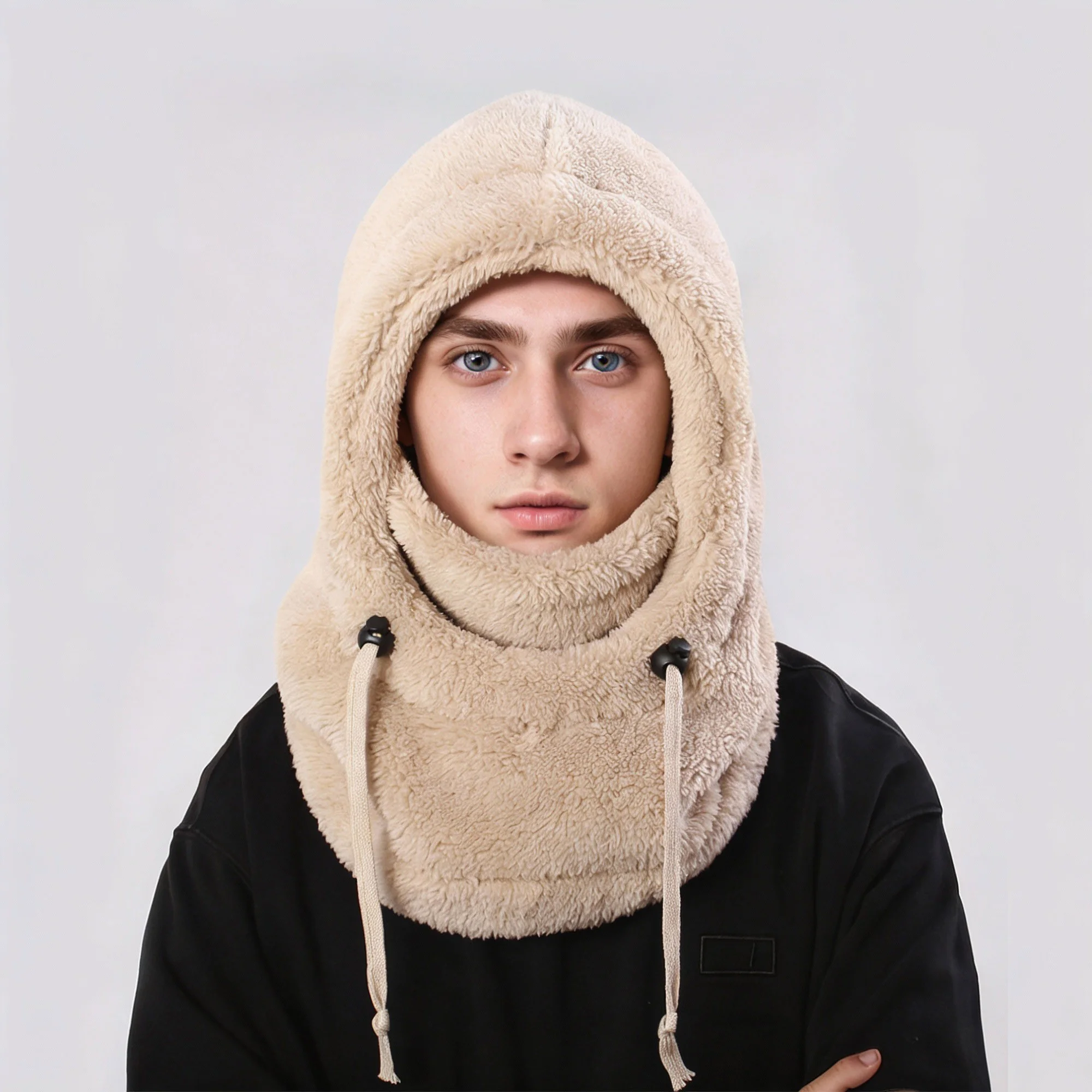 وشاح صوف بغطاء رأس، دافئ لفصل الشتاء للجنسين - لارج