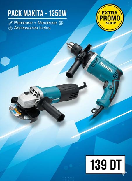 Pack MAKITA 1250W – Perceuse + Meuleuse 139DT
