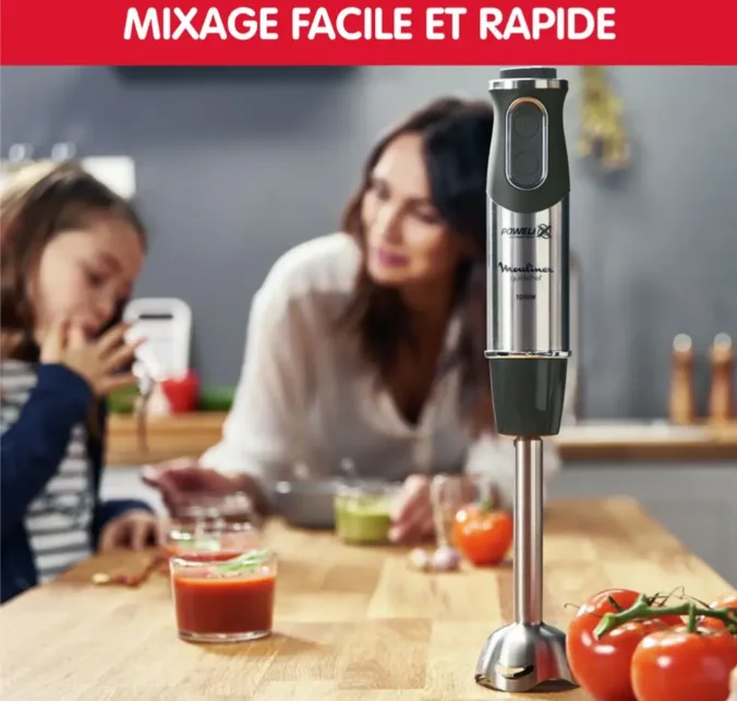MIXEUR Quickchef 3 en 1, Pied mixeur, Lames powelix, 10 vitesses, Accessoires mini hachoir et fouet, Noir et métal
