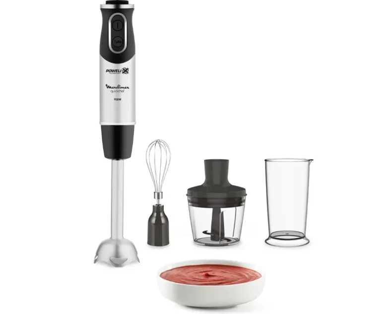 MIXEUR Quickchef 3 en 1, Pied mixeur, Lames powelix, 10 vitesses, Accessoires mini hachoir et fouet, Noir et métal