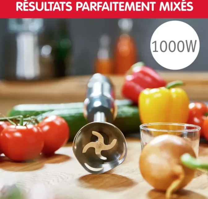 MIXEUR Quickchef 3 en 1, Pied mixeur, Lames powelix, 10 vitesses, Accessoires mini hachoir et fouet, Noir et métal