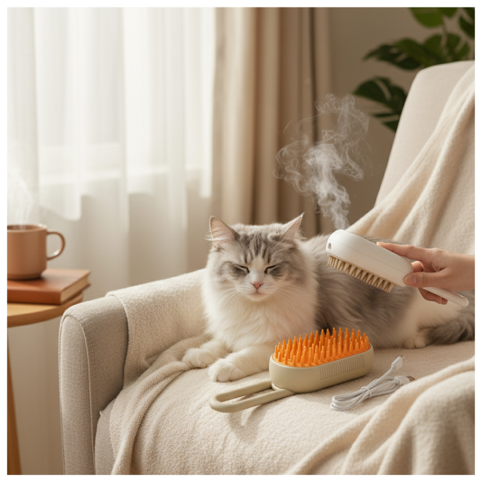 3-in-1 Cat Steam Brush | Water Misting Pet Hair Removal & Massager | 360° Foldable Handle for Small Indoor Cats