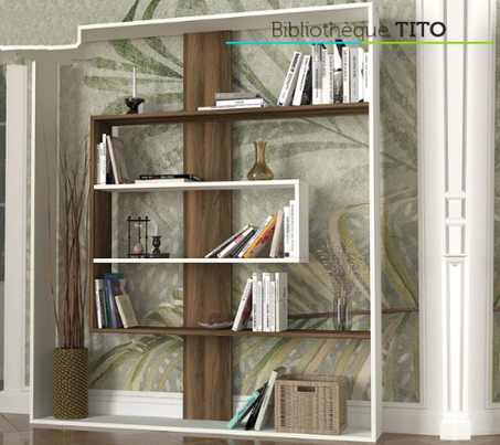 Bibliothèque TITO - Blanc et Noyer - étagères de rangement