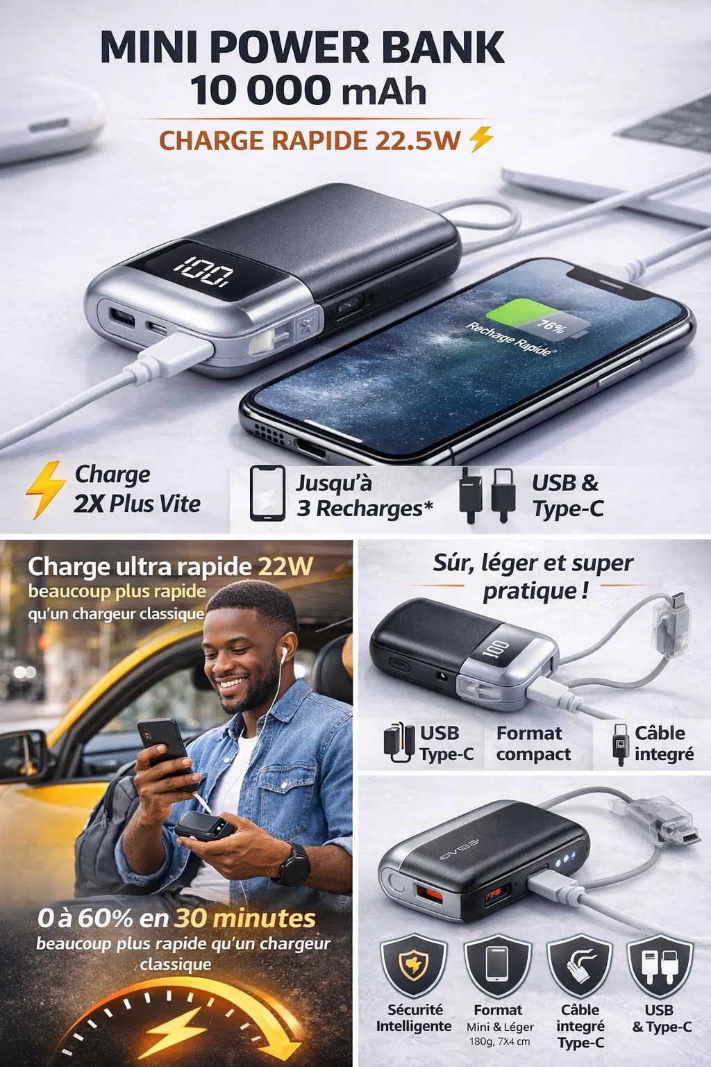 Mini Power Bank 10 000 mAh – Charge rapide et durable ( 22,5W ) pour tous téléphones