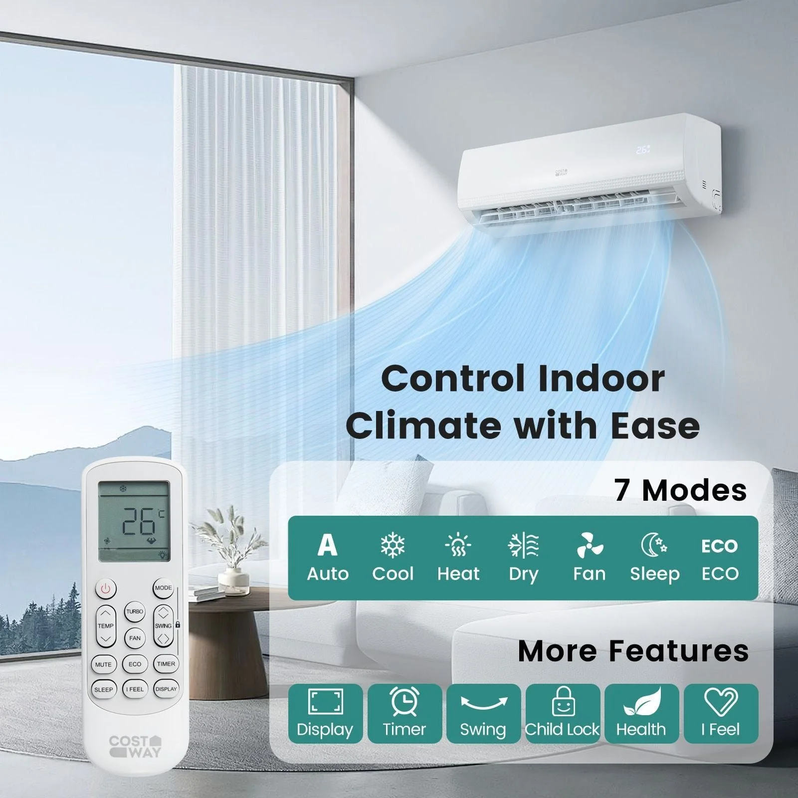 Costway 9000BTU 5-in-1 Wall Split Air Conditioner Heater Dehumidifier