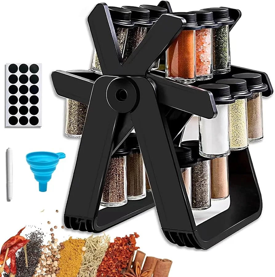 🌀 حامل التوابل الدوّار 360° – 18 عبوة | اللون الأسود