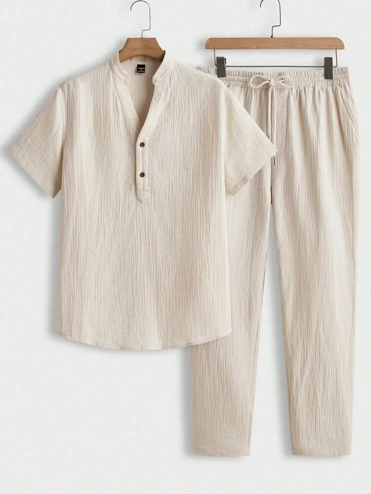 Ensemble Homme en Coton et Lin – T-shirt & Pantalon, Léger, Respirant, Style Décontracté
