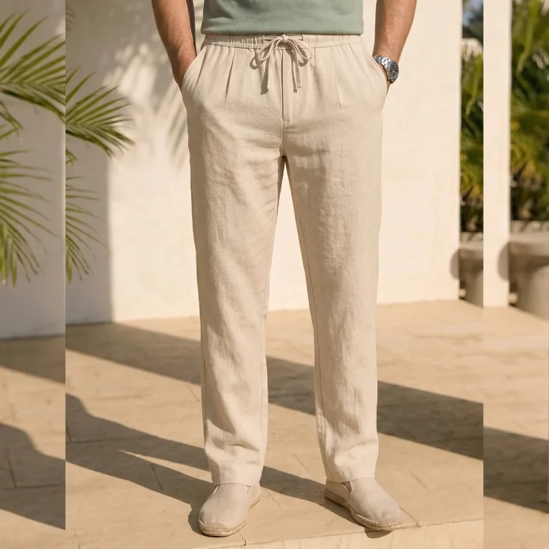 Pantalon Homme en Coton et Lin – Coupe Droite, Léger et Respirant, Taille Élastique, Style Décontracté