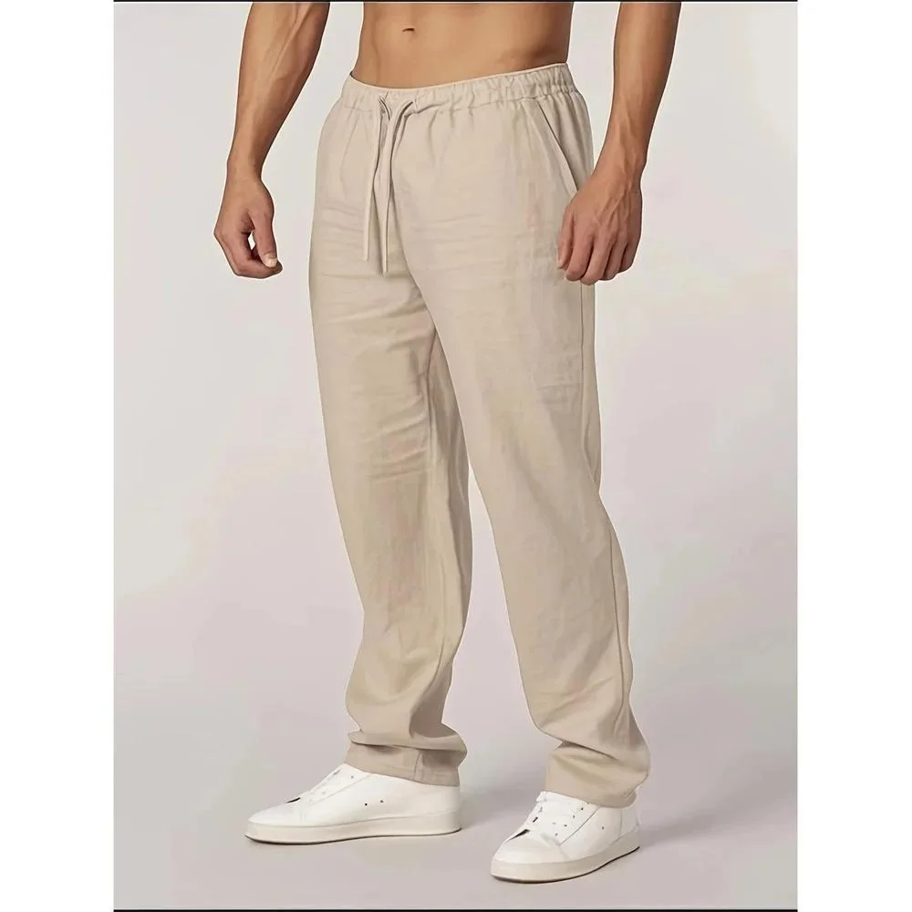 Pantalon Homme en Coton et Lin – Coupe Droite, Léger et Respirant, Taille Élastique, Style Décontracté