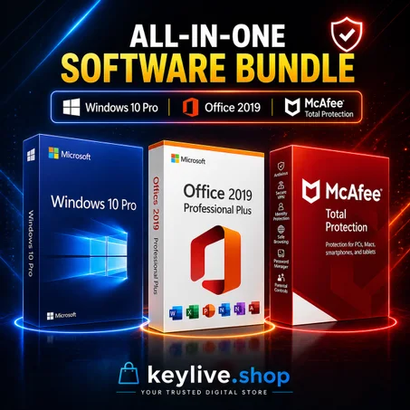 Windows 10 +Office 2019 + McAfee All-in-One Software Bundle