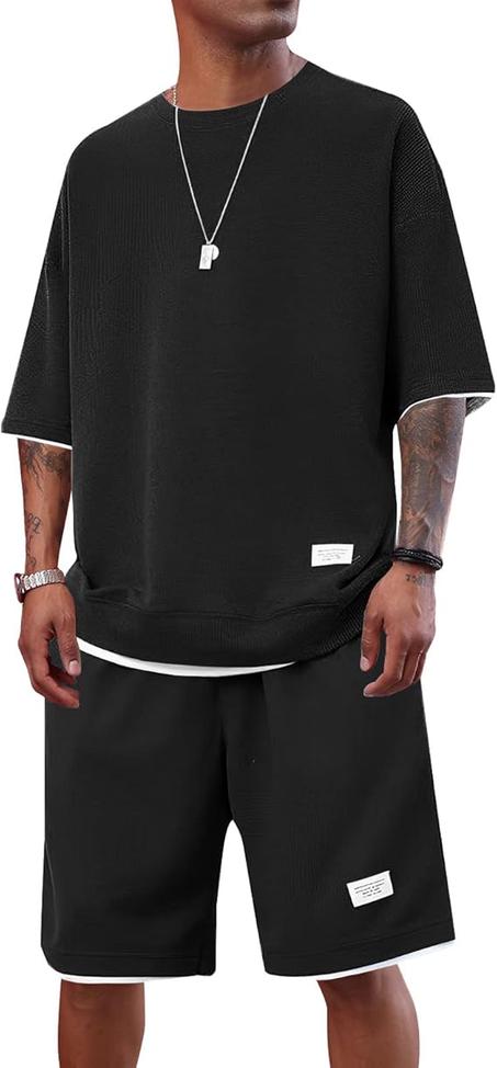 بدلة رياضية رجالي كاجوال من قطعتين من شورت رياضي عصري فضفاض مناسبة للتمارين الرياضية والصيفية من اوبوميلو كاجوال من قطعتين من شورت رياضي عصري فضفاض مناسبة للتمارين الرياضية والصيفية من اوبومي