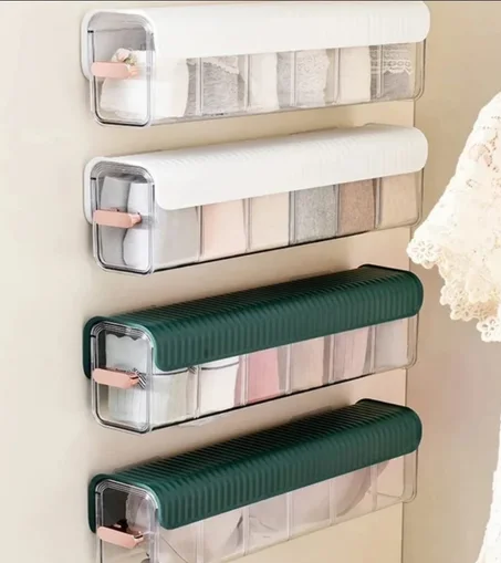 Lot de 4 Organisateur Mural à Tiroirs Transparents- Rangement Lingerie, Chaussettes & Accessoires – Gain de Place avec Couvercle Anti-Poussière