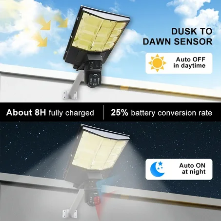 ZOOM X10 مصباح شارع يعمل بالطاقة الشمسية مع كاميرا مراقبة عالية الدقة ثنائية العدسات