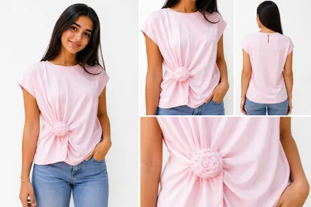 تيشرت نسائي أنيق بقماش ناعم ومريح، بتصميم عصري مع وردة جانبية