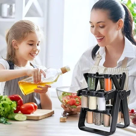 حامل التوابل الزجاجي الدوار 18 قارورة