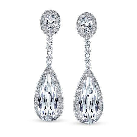 Classic Art Deco CZ Dangle Chandelier Earrings for Bridal Party Prom Silver