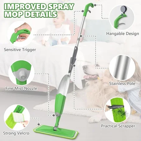 ممسحة بخاخ لتنظيف الأرضيات، من الألياف الدقيقة للأرضيات الرطبة والجافة مع 4 وسادات قابلة لإعادة الاستخدام والغسل، لتنظيف الغبار،  مع زجاجة قابلة لإعادة التعبئة للأرضيات الخشبية والباركيه