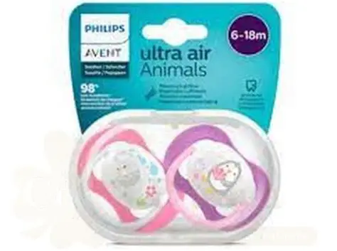 AVENT 2 SUCETTES ULTRA AIR ANIMALS 6-18 GIRL/ELEP/PENG SCF080/08