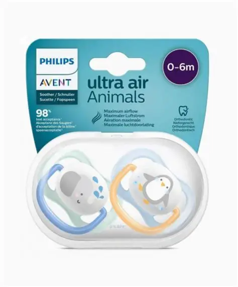 AVENT 2 SUCETTES ULTRA AIR ANIMALS 0-6 BOY/ELEP/PENG SCF080/05