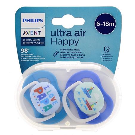 AVENT 2 SUCETTES ULTRA AIR HAPPY 6-18 BOY/PAP/BOAT SCF080/03