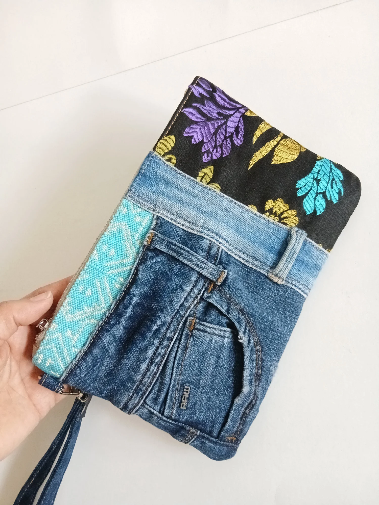 Pochette jeans/tissus marocains