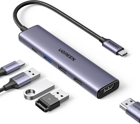 موزع ريفودوك USB نوع 5 في 1 من يوجرين - منفذ HDMI 4K وقدرة توصيل طاقة 100 وات بيانات ايه ومحول متعدد المنافذ سي الألوان