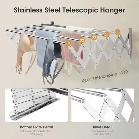 نشار يثبت على الحائط لا يصدأ، مجفف ملابس قابل للتمديد داخل وخارج المنزل