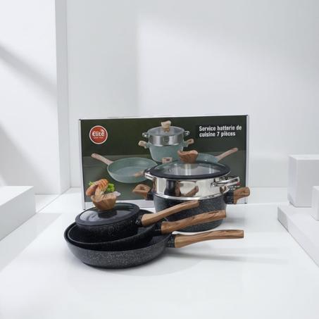 طقم أواني الطبخ الفاخر Elite: طقم كامل 7 قطع يضم كدرة بكسكاسها ومقالي