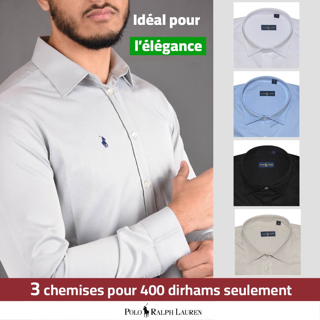 Pack de 4 Chemises Ralph Lauren en Pur Coton (Noir + Blanc + Beige + Bleu Ciel)