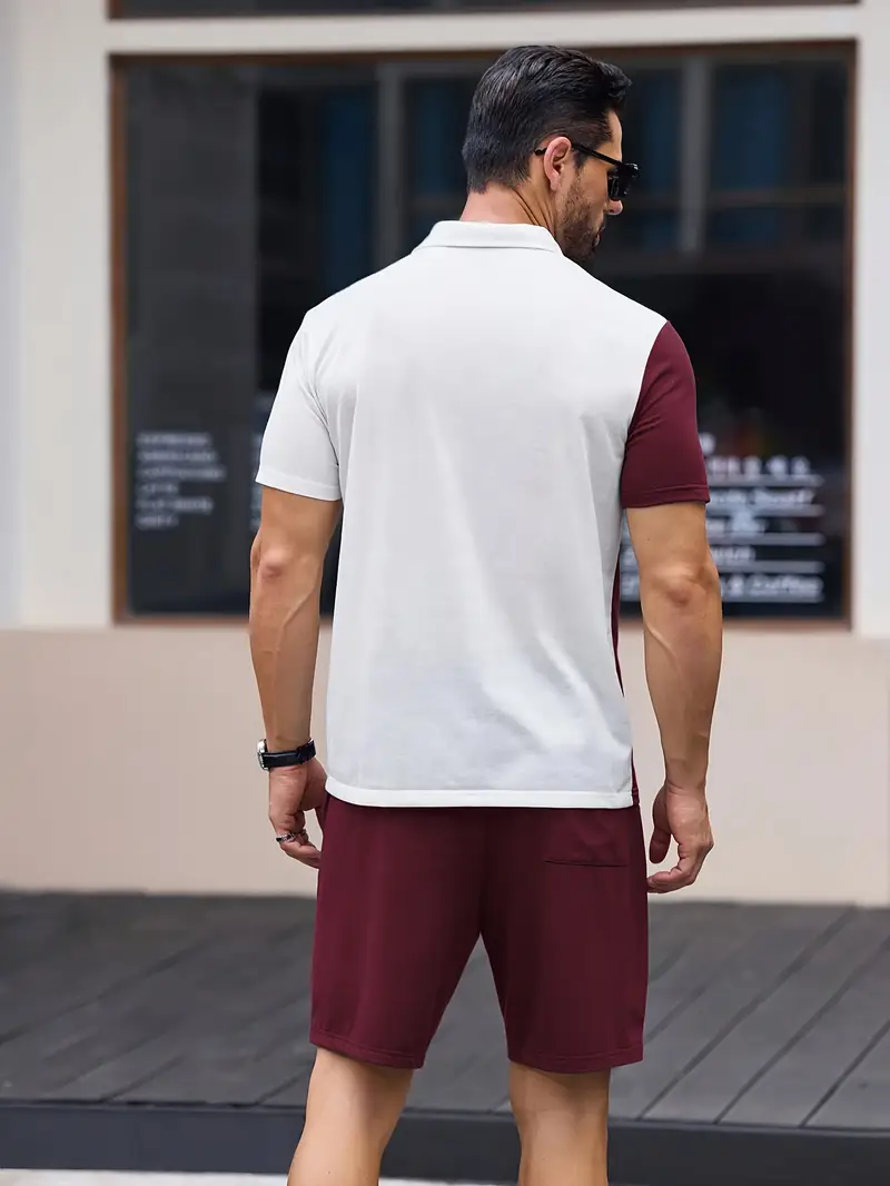 Ensemble sportswear premium – Polo & Short pour hommes avec coutures en blocs de couleur à grain verticale