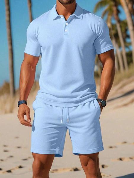 Ensemble d'été décontracté pour hommes composé d'un polo à manches courtes unicolore et d'un short avec cordon de serrage