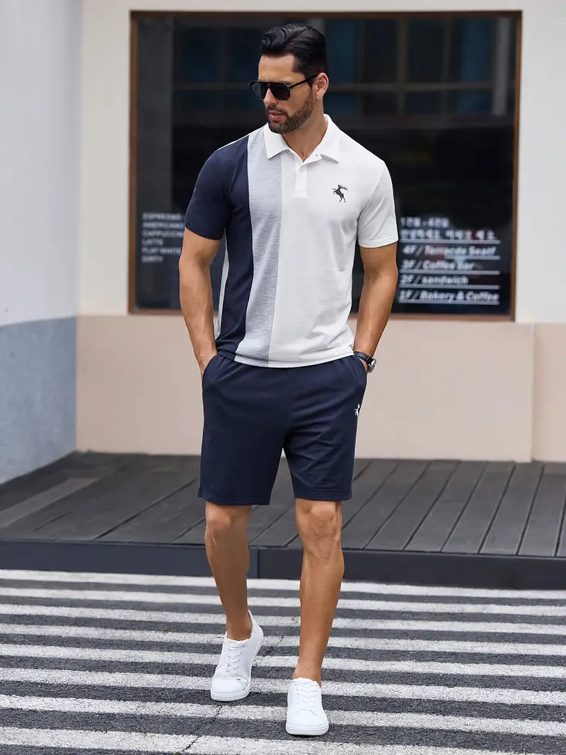 Ensemble sportswear premium – Polo & Short pour hommes avec coutures en blocs de couleur à grain verticale