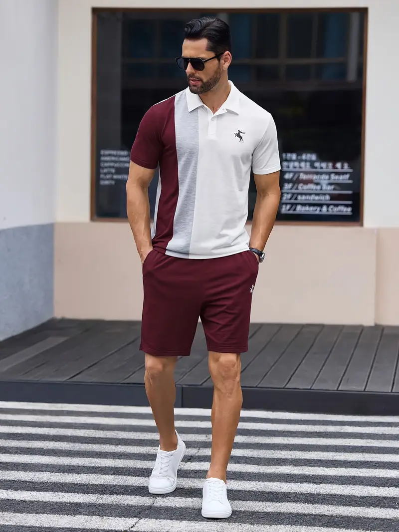 Ensemble sportswear premium – Polo & Short pour hommes avec coutures en blocs de couleur à grain verticale