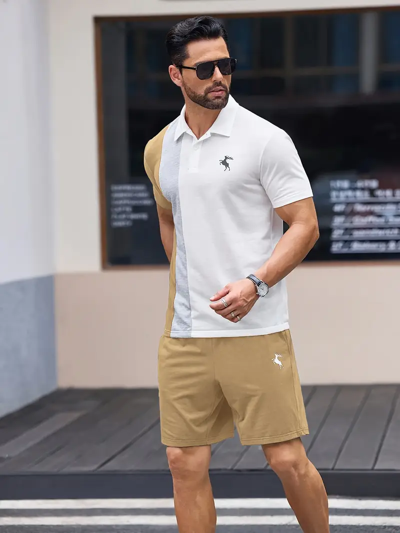 Ensemble sportswear premium – Polo & Short pour hommes avec coutures en blocs de couleur à grain verticale