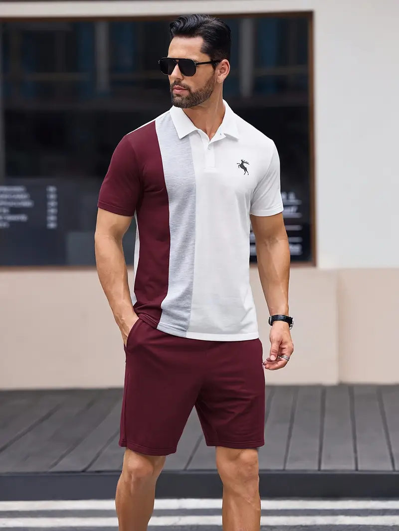 Ensemble sportswear premium – Polo & Short pour hommes avec coutures en blocs de couleur à grain verticale