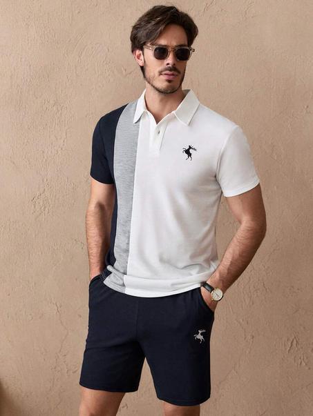 Ensemble sportswear premium – Polo & Short pour hommes avec coutures en blocs de couleur à grain verticale