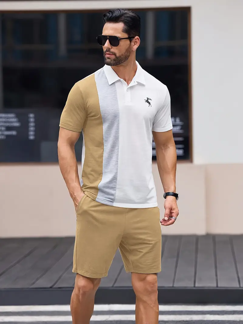 Ensemble sportswear premium – Polo & Short pour hommes avec coutures en blocs de couleur à grain verticale