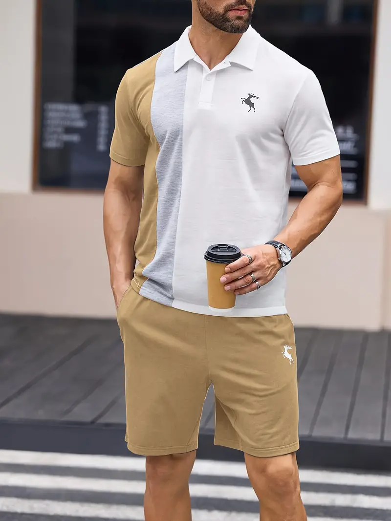 Ensemble sportswear premium – Polo & Short pour hommes avec coutures en blocs de couleur à grain verticale