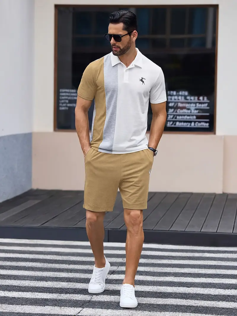 Ensemble sportswear premium – Polo & Short pour hommes avec coutures en blocs de couleur à grain verticale