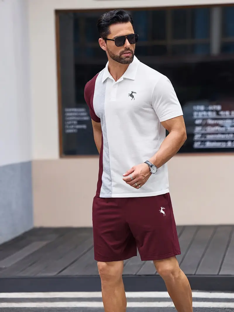 Ensemble sportswear premium – Polo & Short pour hommes avec coutures en blocs de couleur à grain verticale