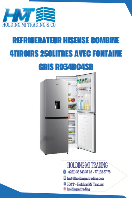 REFRIGERATEUR HISENSE COMBINE 4TIROIRS 250LITRES AVEC FONTAINE GRIS RD34DC4SB