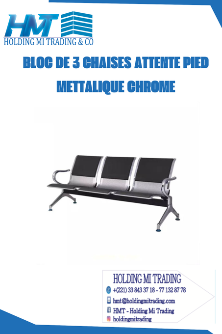 BLOC DE 3 CHAISES ATTENTE PIED METTALIQUE CHROME