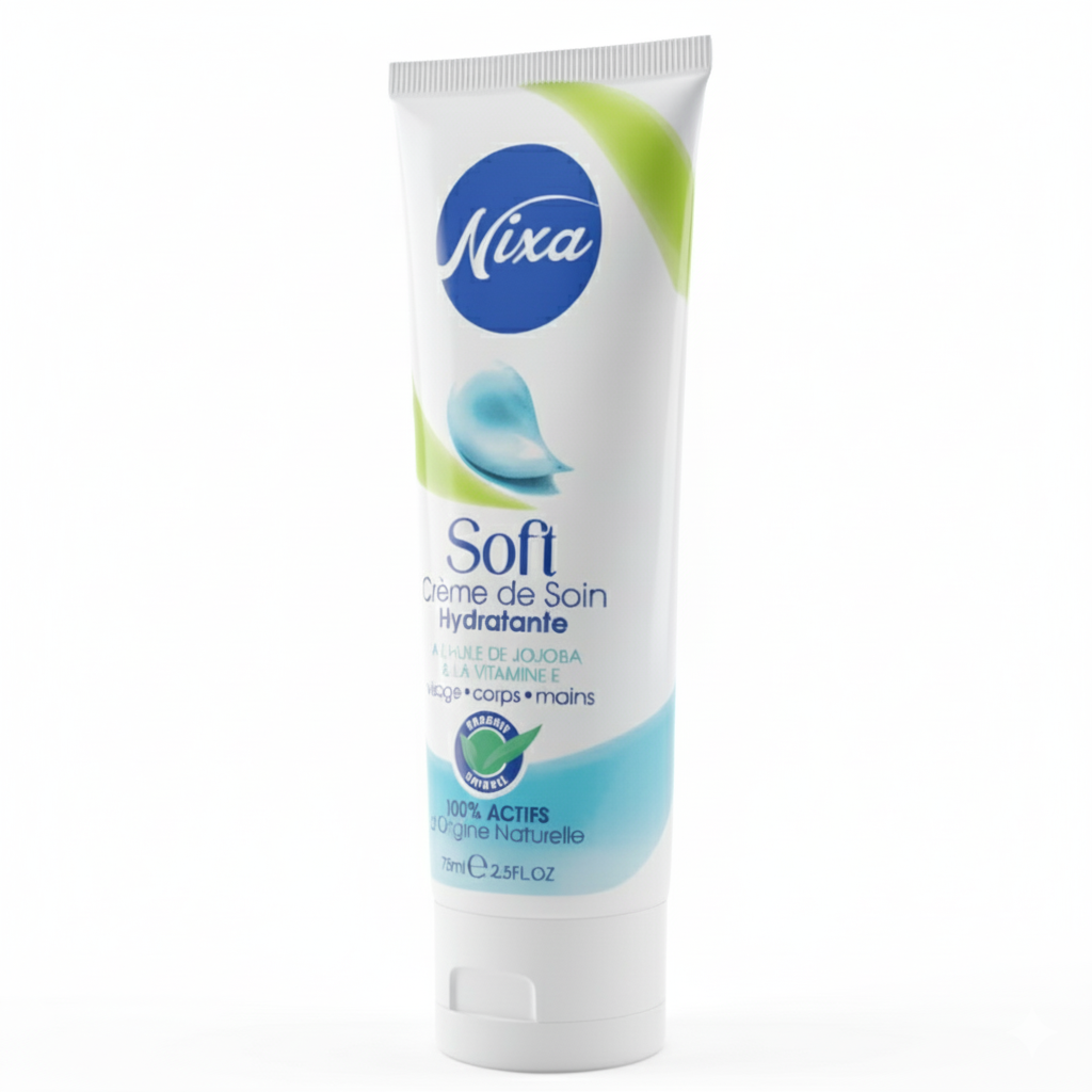 كريم Nixa Soft (75 مل): الحل الشامل لترطيب الوجه والجسم واليدين. تركيبة طبيعية 100\% هي سر النعومة الفورية.