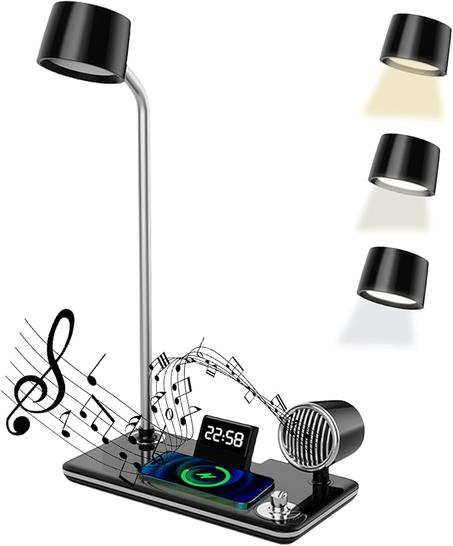 مصباح مكتب ذكي LED 4 في 1 مع شاحن لاسلكي، 3 درجات حرارة إضاءة، تحكم باللمس ومكبر صوت بلوتوث – لون أسود